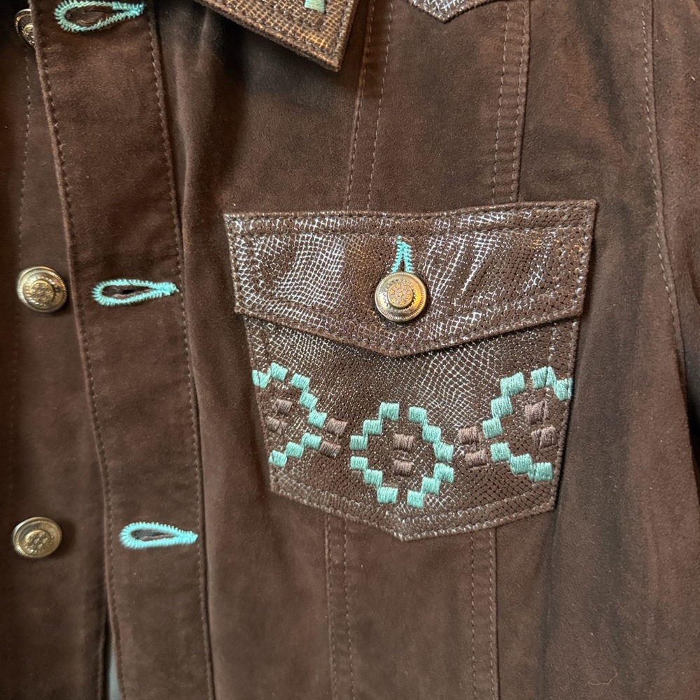 Scully Embroidered Western Leather Jacket Brown Turquoise Size Small - Picture 4 of 8